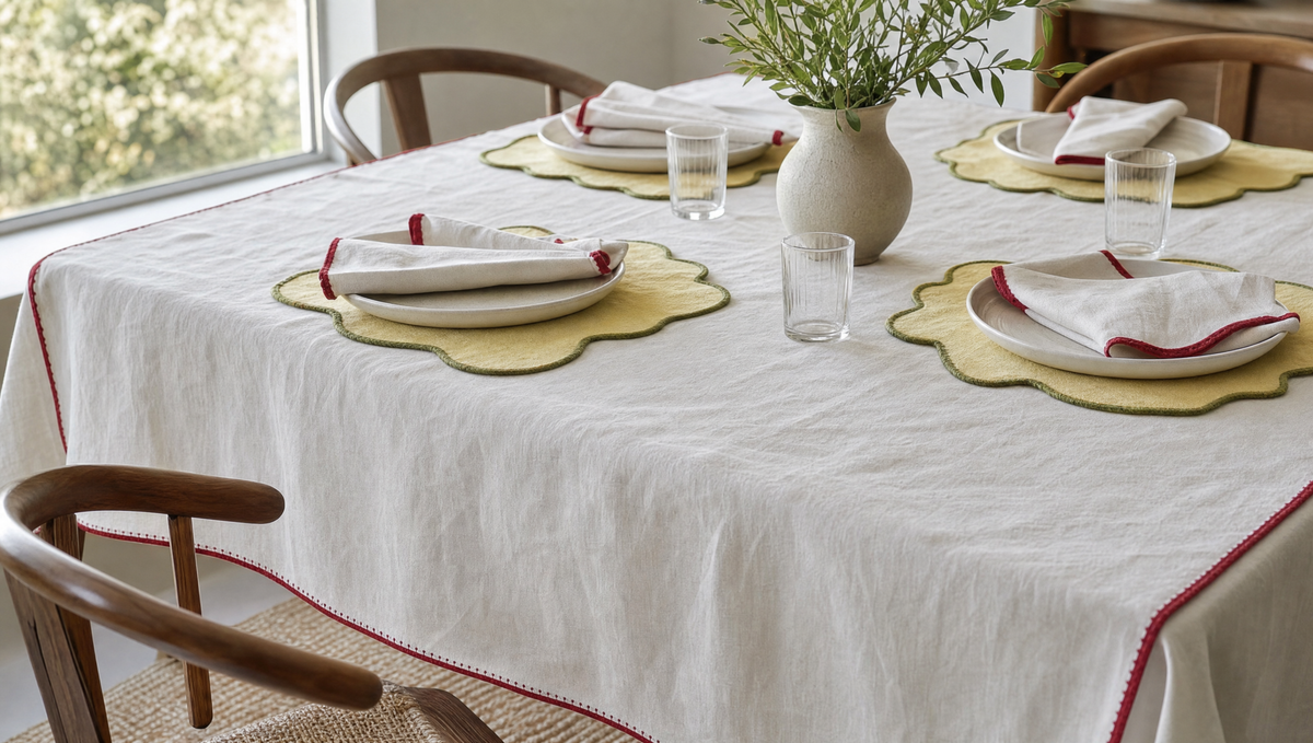 A dining table laid with a chalk linen tablecloth with cherry bound edge, butter scallop placemats and chalk napkins
