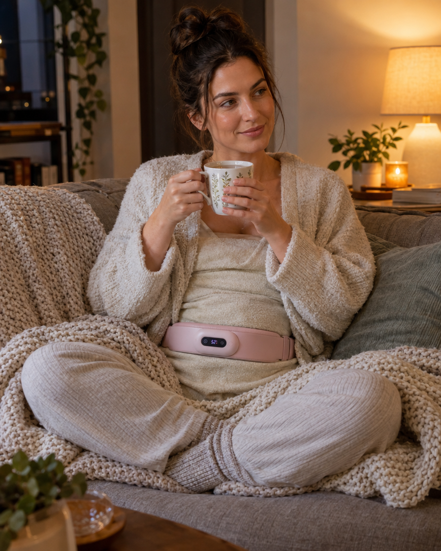 Wrap worn with the Froliko™ cordless heat belt on the sofa