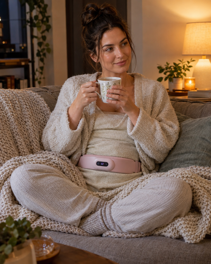 Wrap worn with the Froliko™ cordless heat belt on the sofa