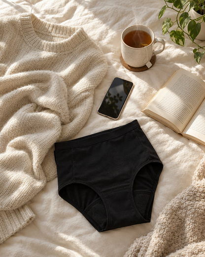 Period pants with a cosy jumper and tea